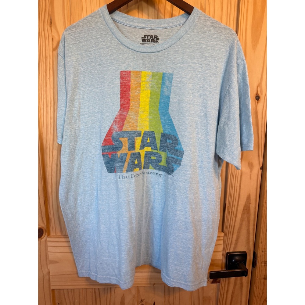 Star Wars Mens XL Rainbow Graphic Tee Blue Heather Mad Engine Force Is Strong